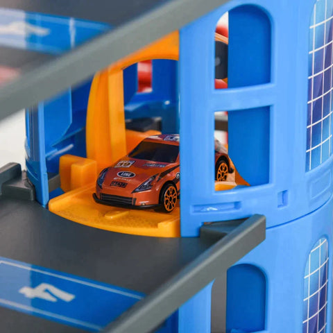 Rootz Parking Garage - Multi-storey Car Park For Children - Parking Garage Play Set - Toy Cars Complete With Helicopter - Blue/Grey/Red - 92 x 46 x 71 cm
