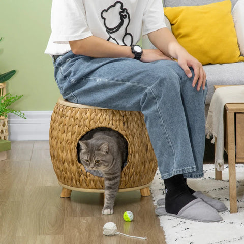 Rootz Water Hyacinth Grass Cat Cave - Rattan Cat House - Washable Cushion - Tan + Natural Wood + Grey - 44cm x 43cm x 42cm