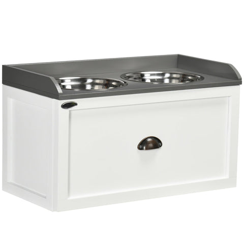 Rootz Feeding Station - Convenient Feeding Station - 2 Feeding Bowls Each 2 Liters - Stainless Steel - With Drawer - For Large Dogs - White/Grey - 60 x 30 x 36 cm