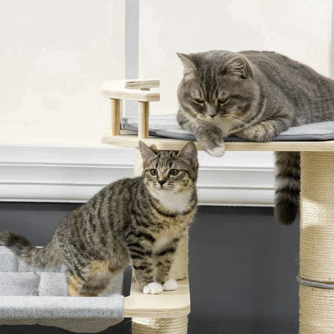 Rootz Scratching Post - 2 Hammocks House - Rimmed Platform - Washable Cushions - Grey - 59.5 x 45 x 89cm