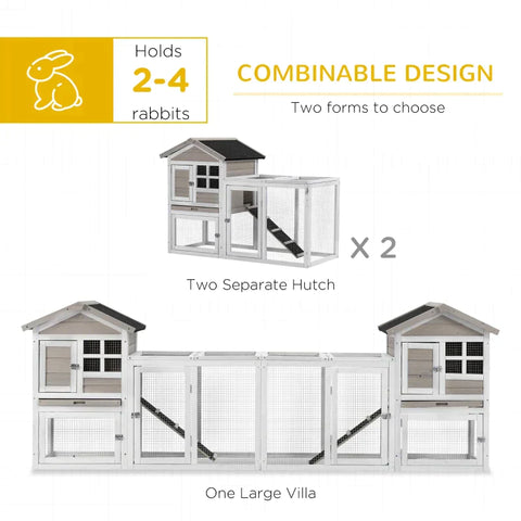 Rootz 2 in 1 Wooden Rabbit Hutch - Double Main House Guinea Pig Cage - Bunny Run - Small Animal House with Run Box - Slide-out Tray - Ramp - Grey - 259 x 64 x 92cm