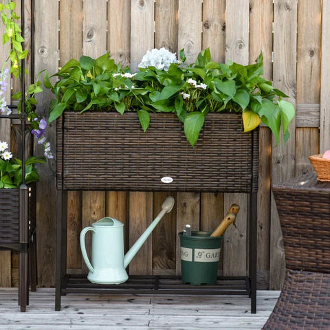 Rootz Raised Bed - Flower Box - Rattan Raised Bed With Shelf - Metal - Brown - 70 x 30 x 72 cm