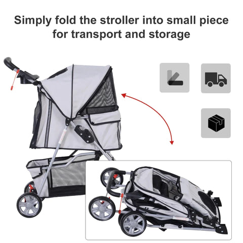 Rootz Dog Stroller - Pet Stroller - Dog Buggy - Foldable Pet Stroller - Dog Travel Buggy - Compact Pet Carriage - Silver - 75L x 45W x 97H cm