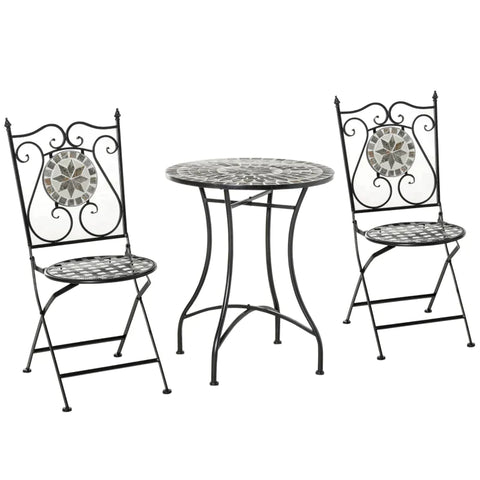 Rootz 3 Pcs Mosaic Tile Garden Bistro Set - garden seating group - Table - 2 Folding Chairs Set - Balcony - Grey