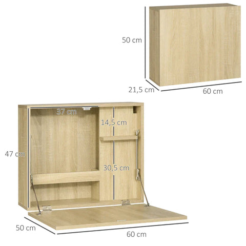 Rootz Wandtafel - Opklapbare Wandtafel Met Planken - Spaanplaat - MDF - Naturel - 60 cm x 21,5 cm x 50 cm