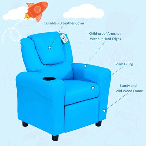 Rootz Children's Armchair - Mini Armchair - Children's Sofa - Recliner Armchair - Reclining Function - Built-in Cup Holder - Blue - 62 x 52 x 69 cm