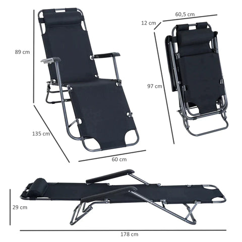 Rootz Sun Lounger With Cushion - Foldable Beach Lounger - 2-tier Garden Lounger - 2-in-1 Relaxation Lounger - Metal + Oxford Fabric - Black - 135 x 60 x 89 cm