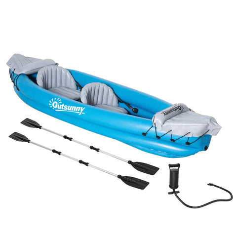 Rootz Inflatable Kayak - 2-Person Inflatable Boat - Canoe Set - With Air Chamber - Unisex - Aluminium Oars - Blue - 330x105x50cm