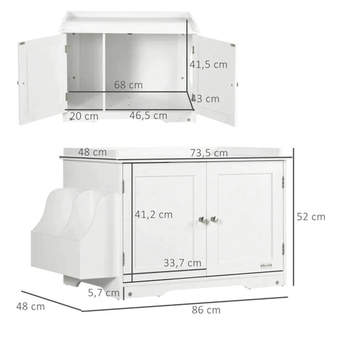 Rootz Katzentoilette – Katzenhaus – mit Trennwand, magnetischer Tür – Seitenregal – MDF – Weiß – 86 x 48 x 52 cm