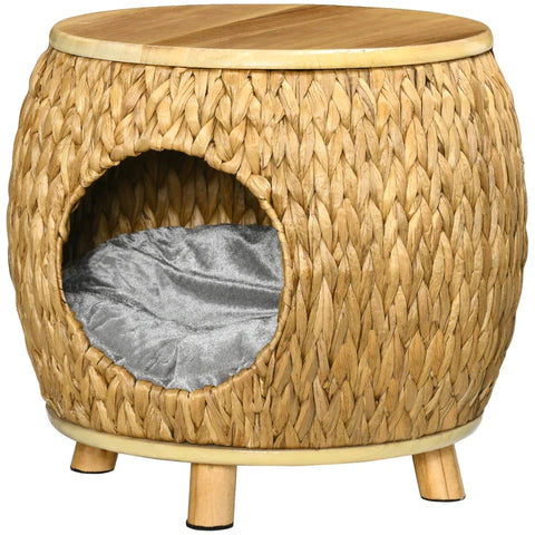 Rootz Water Hyacinth Grass Cat Cave - Rattan Cat House - Washable Cushion - Tan + Natural Wood + Grey - 44cm x 43cm x 42cm
