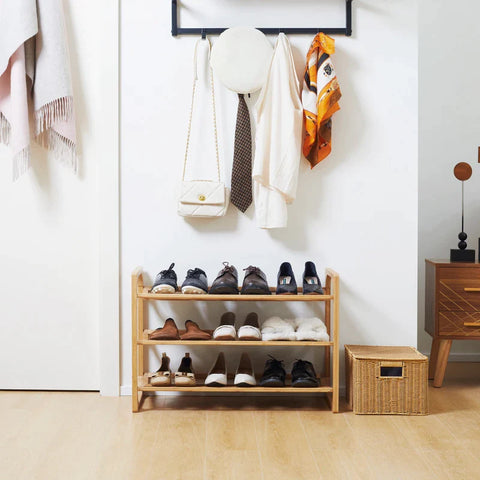 Rootz 3-tier Shoe Rack - Bamboo Shoe - Storage Organizer - Slatted Shelves - Free Standing Shoe - Raised Edges - Shelf Stand - 9 Pairs Of Shoes - Entryway - Hallway - Natural - 76 x 33 x 51 cm
