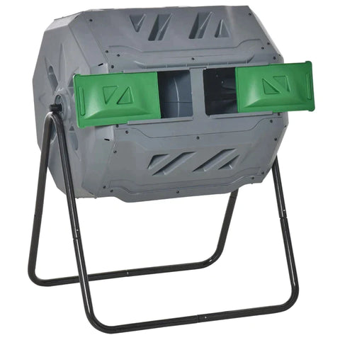 Rootz 2 Bin Compost Bin - 160L Capacity - Rotating Compost Bin - Gray + Green + Black - 71cm x 65cm x 96cm