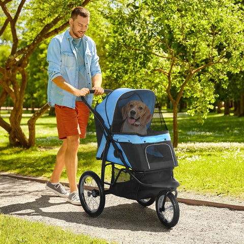 Rootz Folding Dog Stroller - Sun Shade - Mesh Window - Storage Basket - Small Dogs - Dog Pushchair - Blue - 111 x 58 x 107 cm