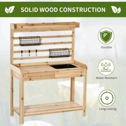 Rootz Planting Table - Gardening Table with Wash Basin - Wooden Flower Table with Drawer - Hook - Basket - Shelf - Garden - Terrace - Natural - 107.5 x 46 x 142 cm