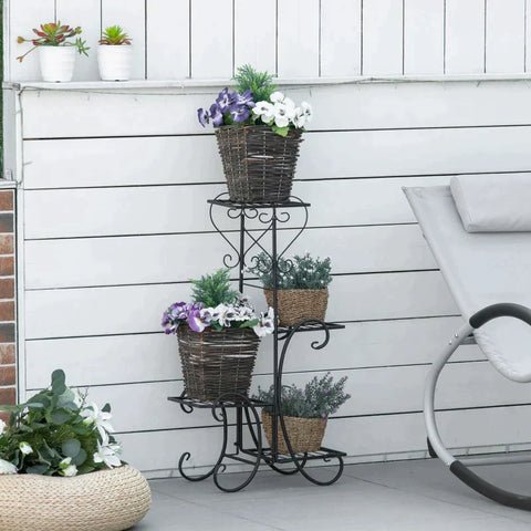 Rootz bloemenstandaard - metalen bloemenstandaard - 4 niveaus plantenrek - bloemenladder - bloemenstandaard voor binnen en buiten - tuin - balkon - zwart - 45 x 24,5 x 80 cm