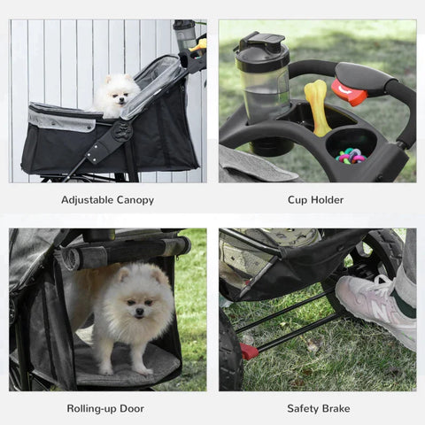 Rootz Dog Buggy - Cat Buggy - Dog Cart - Pet Stroller with 3 Wheels - Foldable - Adjustable Canopy - Oxford - Gray/Black - 109.5 x 57.5 x 106.5 cm