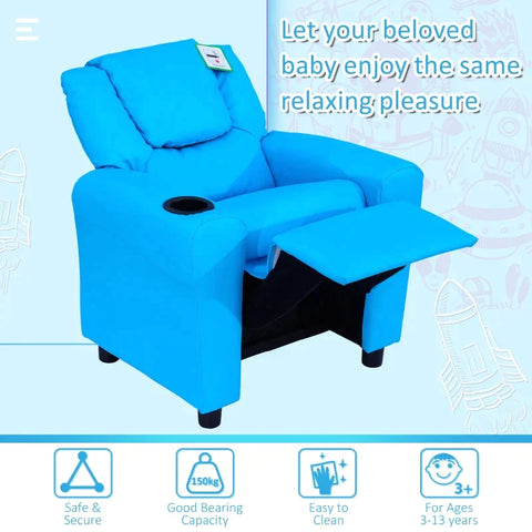 Rootz Children's Armchair - Mini Armchair - Children's Sofa - Recliner Armchair - Reclining Function - Built-in Cup Holder - Blue - 62 x 52 x 69 cm