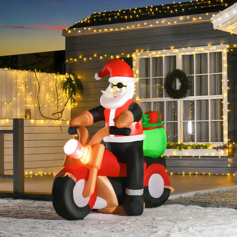 Rootz Inflatable Santa Claus - on a Motorcycle - 150cm LED with Blower - Christmas Party - Christmas Decoration - Polyester - White + Red + Green - 153 x 55 x 150cm