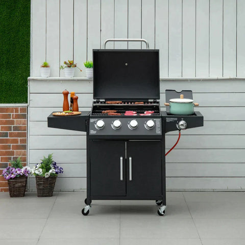 Rootz Gasgrill – BBQ mit 3 Brennern – mobiler Grillwagen mit 4 Rädern – Grillnetz – Beistelltische – Druckminderer – Schlauchschrank – Multifunktion – Stahl – Schwarz – 132,4 cm x 55 cm x 109 cm