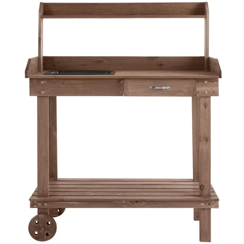 Rootz Planting Table - Wooden Planting Table With Drawer - 2 Removable Wheels - Brown - 92 cm x 45 cm x 119 cm