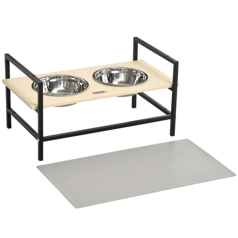 Rootz Feeding Station - 2 Removable Feeding Bowls - Height Adjustable - Bowl Base - Natural + Black + Silver - 60L x 33W x 31.5H cm