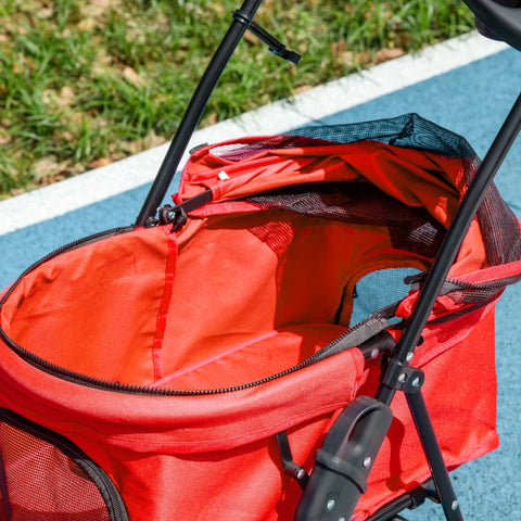 Rootz Pet Stroller - Foldable Cat Dog Pushchair - Pet Travel Carriage with 4 Wheels - Adjustable Canopy - Safety Leashes - Storage Basket and Cup Holder for Small Dogs - Red - 67 x 45 x 96 cm