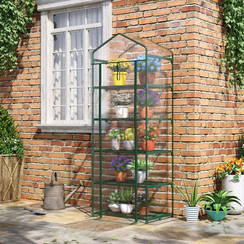 Rootz Foil Greenhouse - Mini Greenhouse With 5 Shelves For Growing Flowers Or Vegetables - Steel - Plastic - Transparent + Green - 69 x 49 x 193 cm