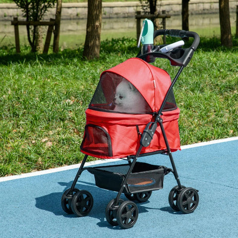 Rootz Pet Stroller - Foldable Cat Dog Pushchair - Pet Travel Carriage with 4 Wheels - Adjustable Canopy - Safety Leashes - Storage Basket and Cup Holder for Small Dogs - Red - 67 x 45 x 96 cm
