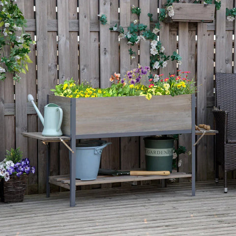 Rootz Raised Planter Box - With 2 Foldable Shelves - Lower Shelf - Flower Box - Flower Pot - Herb Bed - Light Gray - 140 x 46 x 75.5 cm