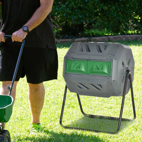 Rootz 2 Bin Compost Bin - 160L Capacity - Rotating Compost Bin - Gray + Green + Black - 71cm x 65cm x 96cm