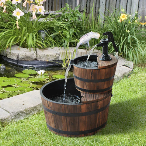 Rootz Wooden Fountain - Cascade Fountain - Garden Fountain - Ornamental Fountain - Water Pump Fountain - Dark Brown - 44.5 x 44.5 x 58.5 cm