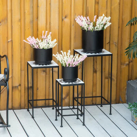 Rootz Set van 3 metalen bloemenstandaards - plantenstandaards - keramische tegels - zwart + grijs - 23,5L x 23,5B x 40,3H cm