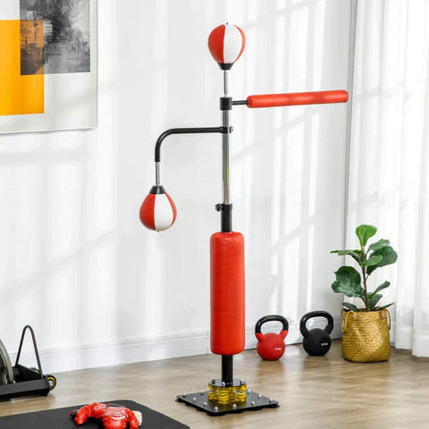 Rootz Boxing Stand - Two Speedballs - Rotating Boxing Bar - Kick Pad - Height-adjustable - Steel - Black/Red/White - 84 x 36 x 140-205cm