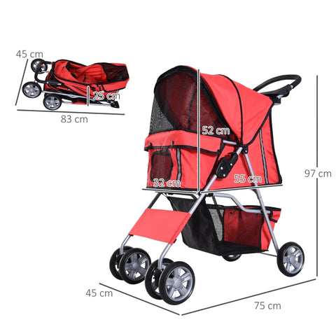 Rootz Dog Stroller - Pet Stroller - Dog Buggy - Dog Stroller For Travel - Foldable Pet Stroller - Dog Travel Buggy - Compact Pet Carriage - Red - 75L x 45W x 97H cm