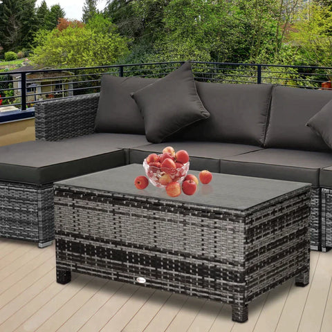Rootz Garden Side Table - PE Rattan Garden Coffee Table -  With Glass Table Top - Grey - 85cm x 50cm x 39cm