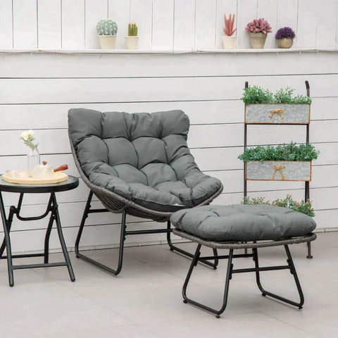 Rootz Rattan Relax Chair with Footstool - Garden Chair - Outdoor Rattan Chair with Cushion - Steel - Polyester - Grey - 69 x 76 x 70 cm