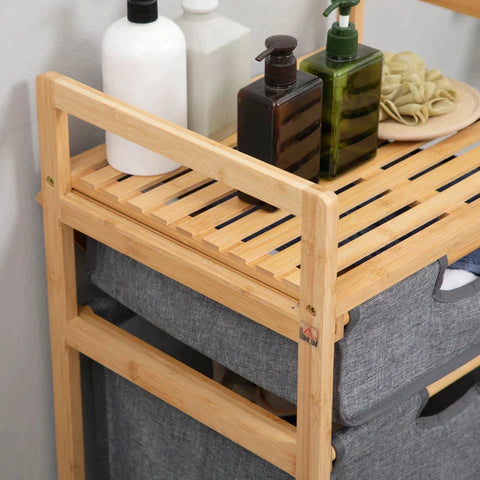 Rootz Laundry Basket - 1 Drawer - 1 Detachable Laundry Basket - 4 Wheels - Bamboo - Natural + Grey - 42cm x 35cm x 84.5cm
