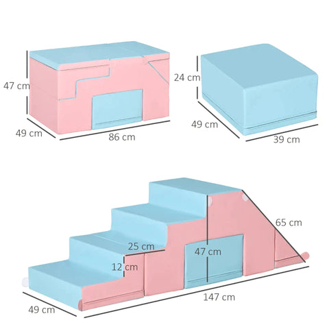 Rootz Building Block - Set of 2 Building Blocks - Table and Chair Set - Slide Reconfigurable Design - Building Toys - Foam - Blocks for 12-36 Months Children - Faux Leather - EPE Pink + Blue - 147/86 x 49 x 47 cm