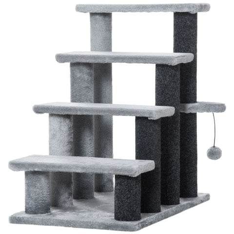 Rootz Pet Stairs - Cat Stairs with Scratching Post - 4-Step Dog Stairs - Animal Stairs - Chipboard - Plush - Grey - 60 x 40 x 64 cm