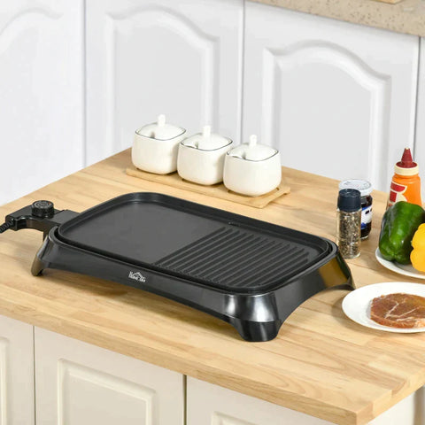 Rootz Electric Grill - Table Grill - Electric With Adjustable Thermostat - Non-stick Coated Grill Plate - Teppanyaki With Drip Tray - Black - 53.5 x 31 x 8 cm