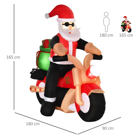 Rootz Inflatable Santa Claus - on a Motorcycle - 150cm LED with Blower - Christmas Party - Christmas Decoration - Polyester - White + Red + Green - 153 x 55 x 150cm