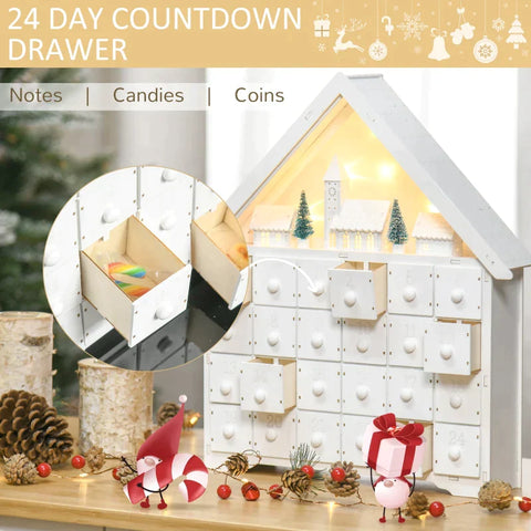 Rootz Kerst Adventskalender - Kerstkalender Met LED Verlichting - Met 24 Draw Boxes - 2-in-1 Design Kerstdecoratie - Wit - 39 x 9 x 42 cm