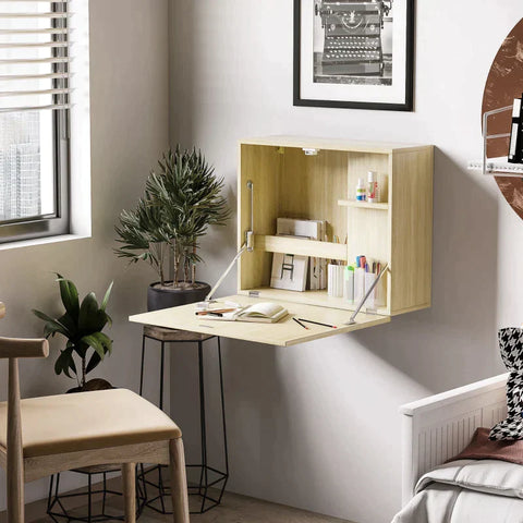 Rootz Wandtafel - Opklapbare Wandtafel Met Planken - Spaanplaat - MDF - Naturel - 60 cm x 21,5 cm x 50 cm