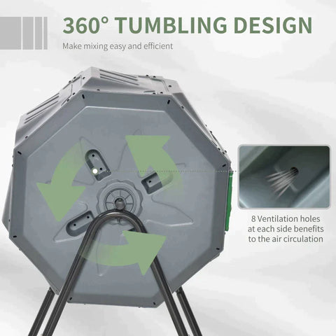 Rootz 2 Bin Compost Bin - 160L Capacity - Rotating Compost Bin - Gray + Green + Black - 71cm x 65cm x 96cm